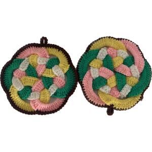 Vintage Crochet Potholders Set 2 Inner Locking Circles Yarn Handmade Multicolor